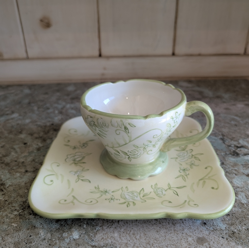 TRACY PORTER Hand Painted "Olivia" Green Floral Scroll Mug & Plate Cup & Saucer